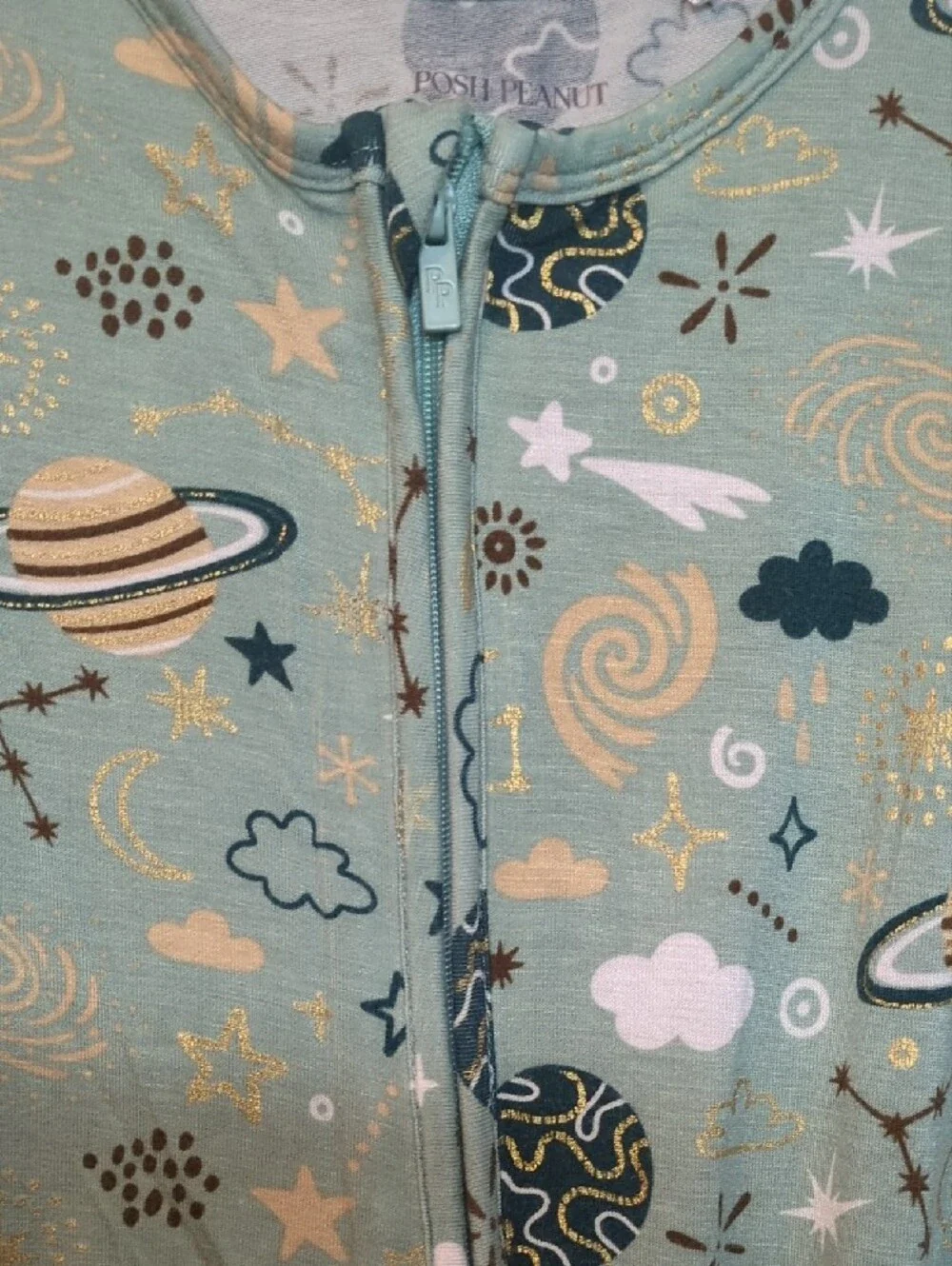 Posh Peanut Space-Print One-Piece Footed Pajamas - Mint Green